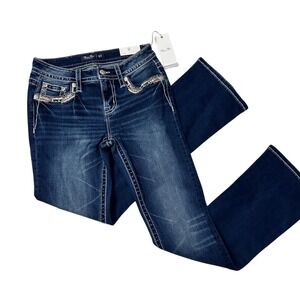 Miss Me Women's Mid-Rise Cheyenne Border Faux Flap Pockets Bootcut Jeans Sz 27in